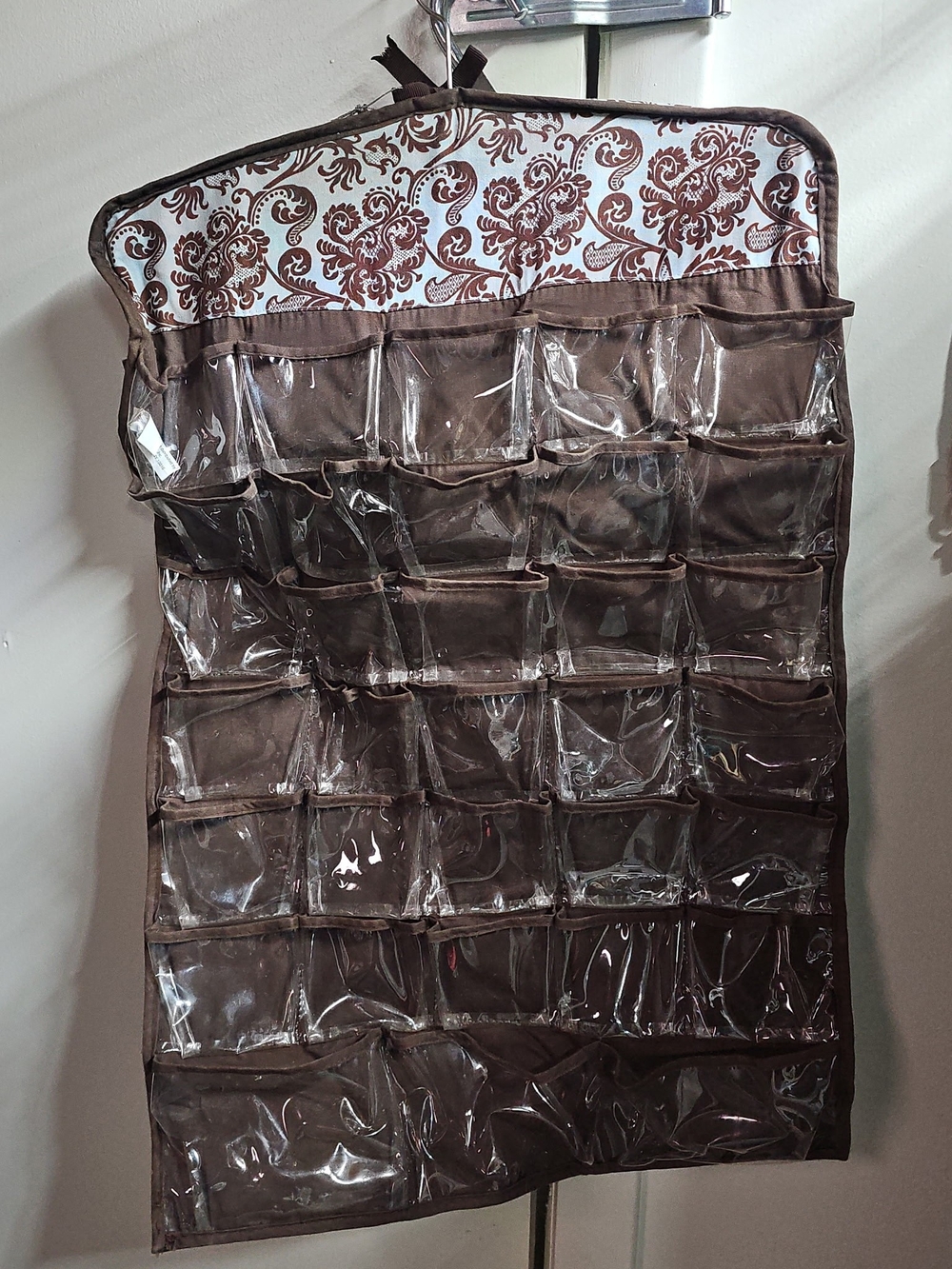 Hanging Clear Pocket Organizer in Brown with Damask Top